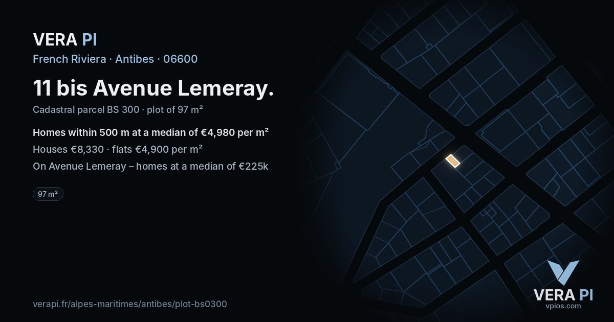 11 bis Avenue Lemeray, Antibes at night – the plot lit, the parcels around coloured by the prices near them