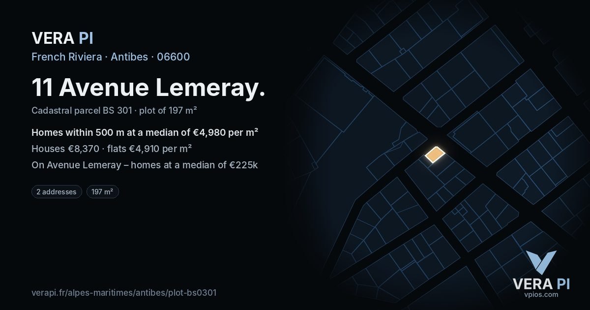 11 Avenue Lemeray, Antibes at night – the plot lit, the parcels around coloured by the prices near them