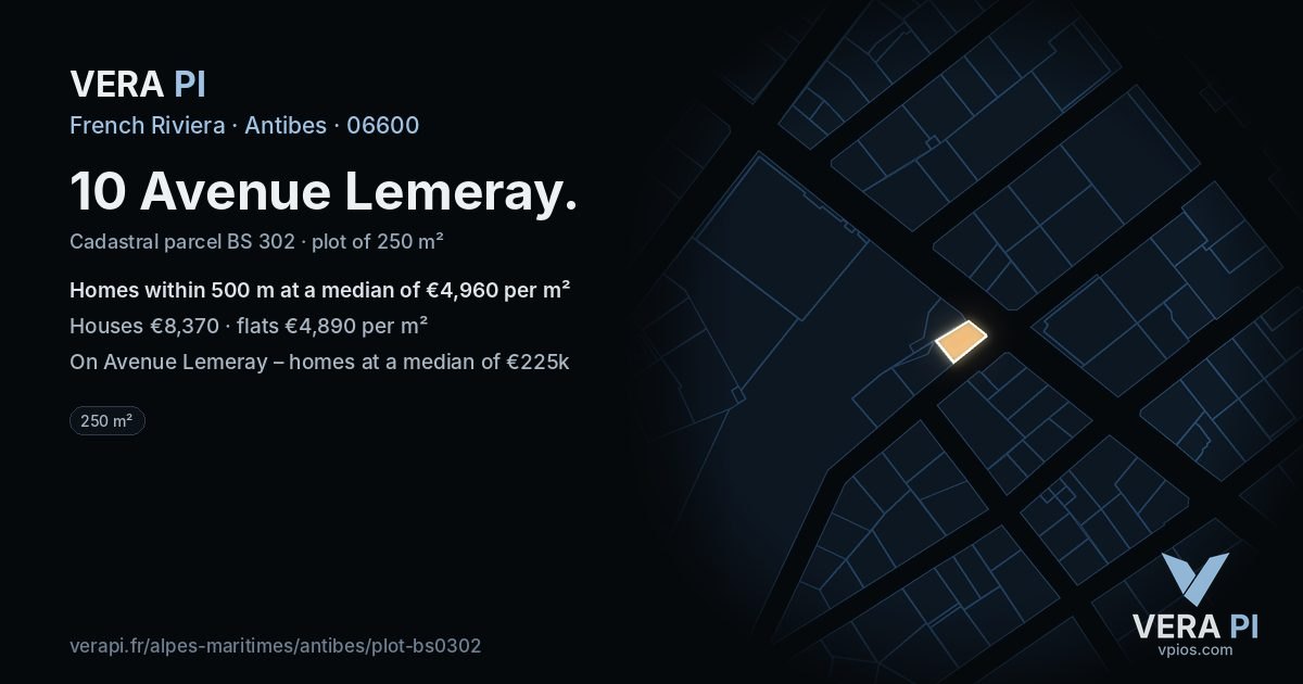 10 Avenue Lemeray, Antibes at night – the plot lit, the parcels around coloured by the prices near them