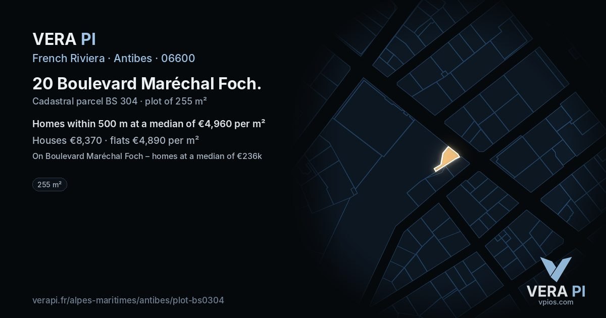 20 Boulevard Maréchal Foch, Antibes at night – the plot lit, the parcels around coloured by the prices near them