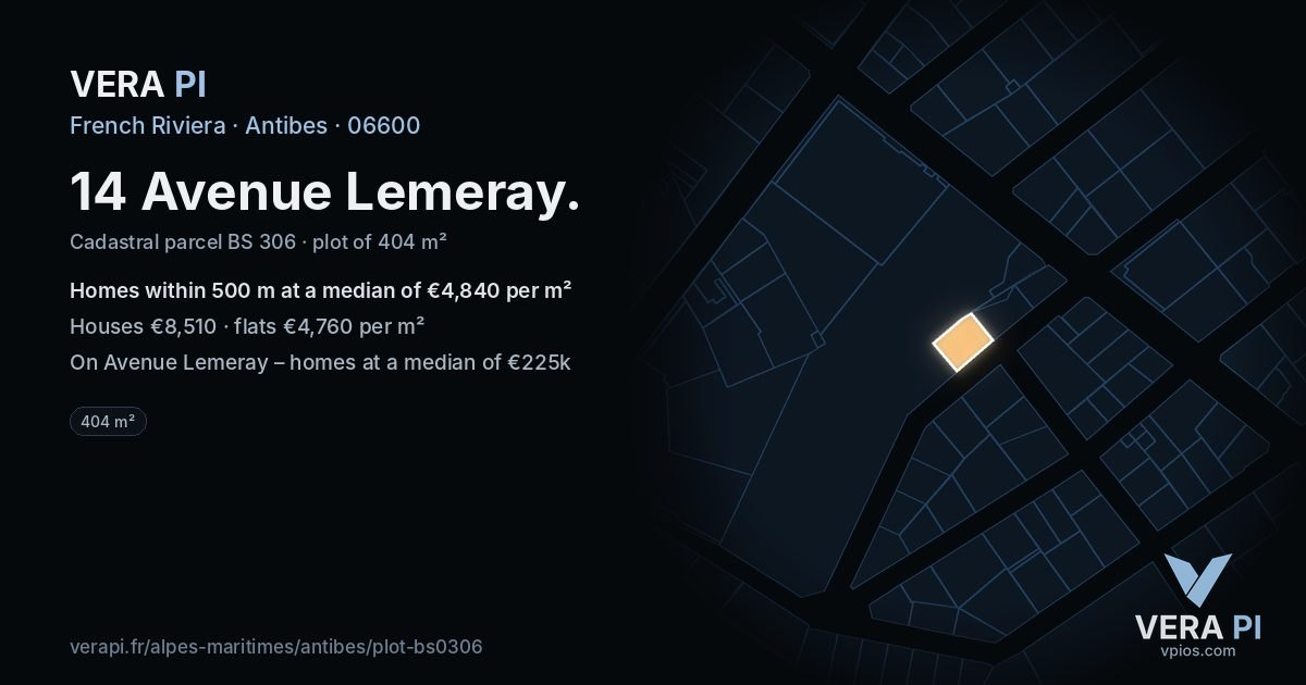 14 Avenue Lemeray, Antibes at night – the plot lit, the parcels around coloured by the prices near them