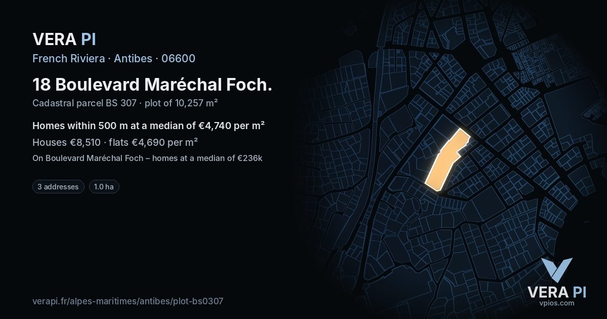 18 Boulevard Maréchal Foch, Antibes at night – the plot lit, the parcels around coloured by the prices near them