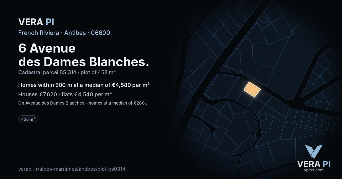 6 Avenue des Dames Blanches, Antibes at night – the plot lit, the parcels around coloured by the prices near them