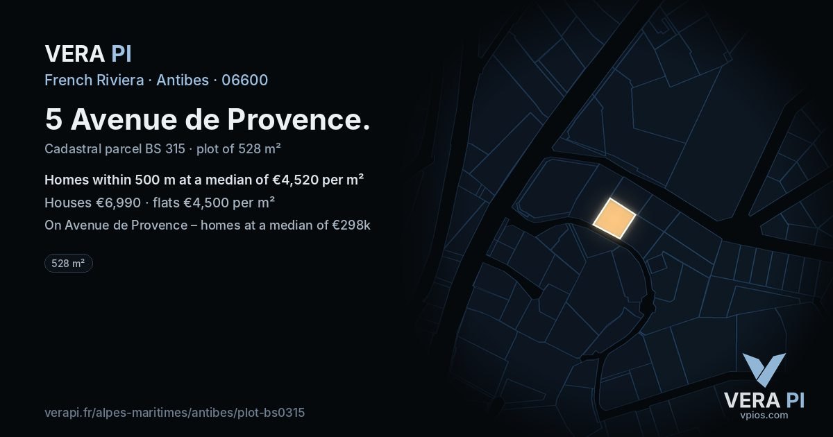 5 Avenue de Provence, Antibes at night – the plot lit, the parcels around coloured by the prices near them