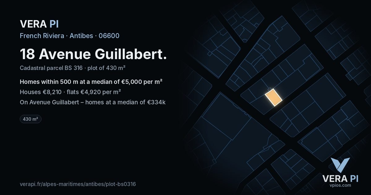 18 Avenue Guillabert, Antibes at night – the plot lit, the parcels around coloured by the prices near them