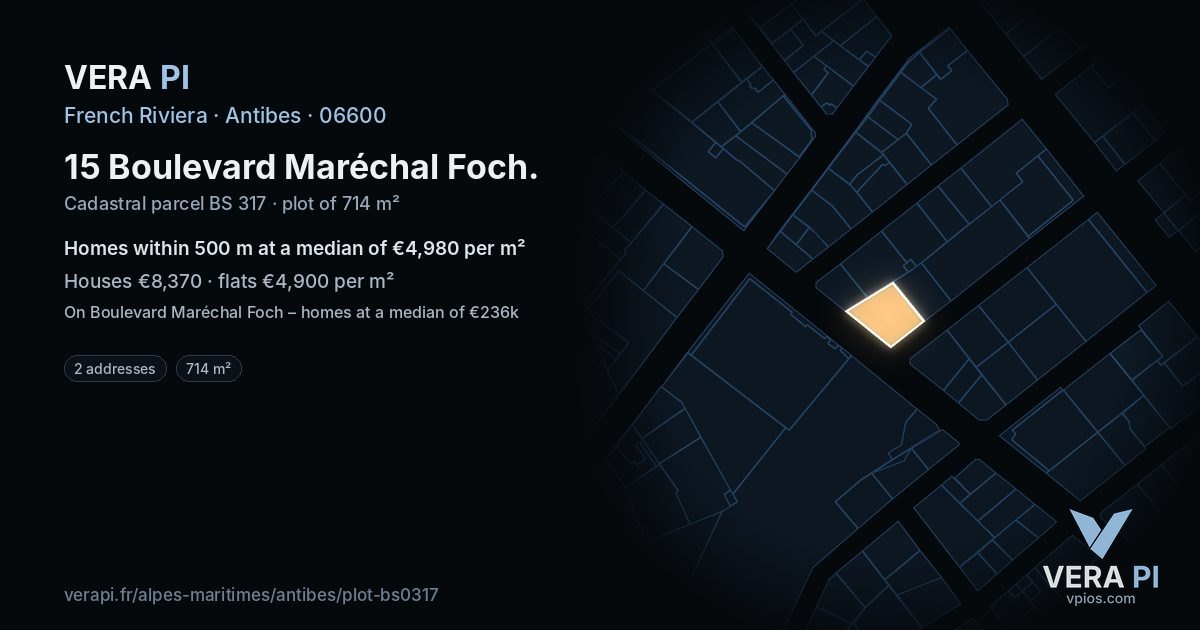 15 Boulevard Maréchal Foch, Antibes at night – the plot lit, the parcels around coloured by the prices near them
