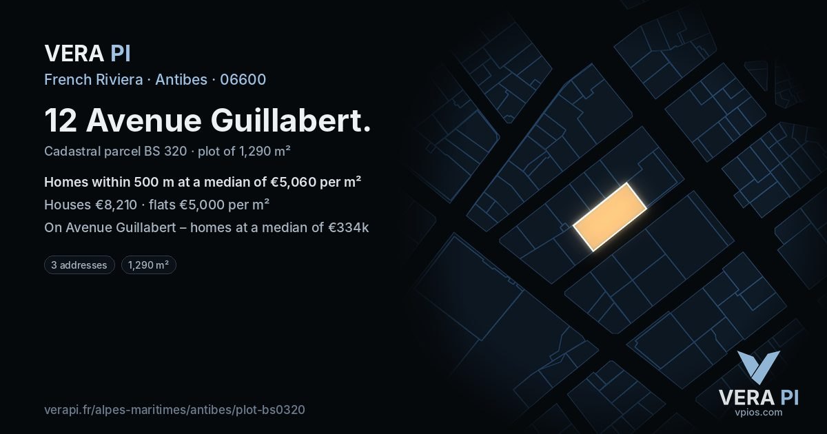 12 Avenue Guillabert, Antibes at night – the plot lit, the parcels around coloured by the prices near them