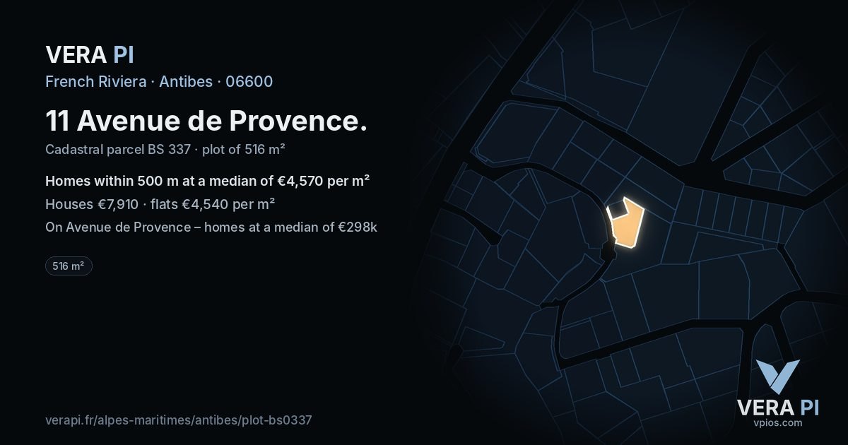 11 Avenue de Provence, Antibes at night – the plot lit, the parcels around coloured by the prices near them