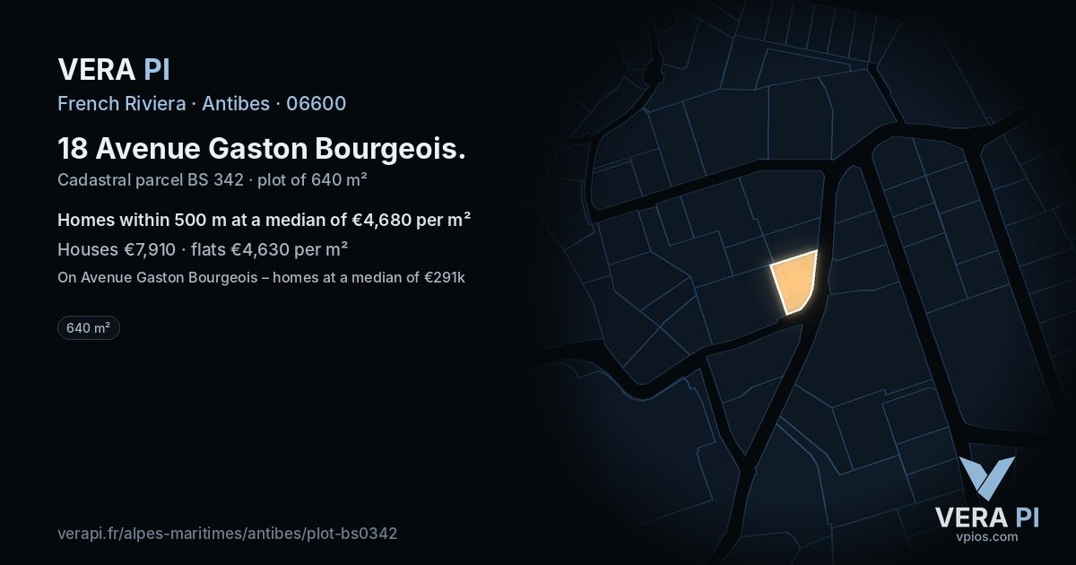 18 Avenue Gaston Bourgeois, Antibes at night – the plot lit, the parcels around coloured by the prices near them