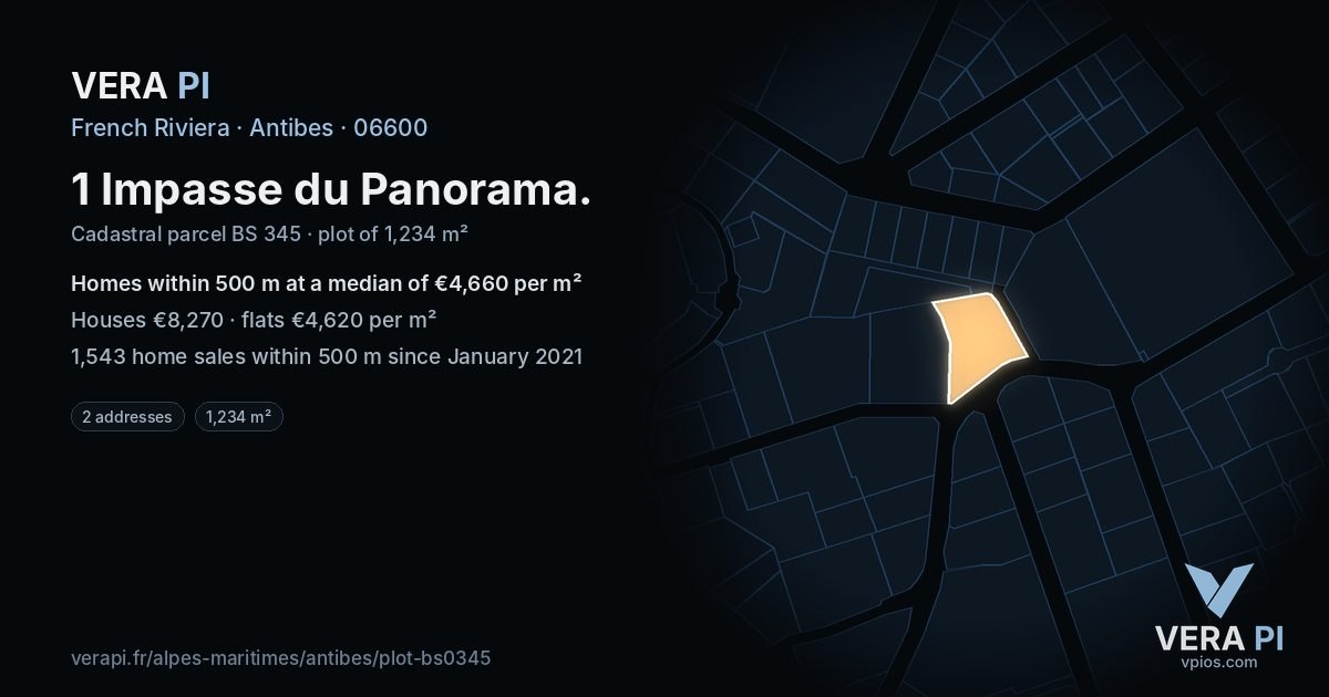 1 Impasse du Panorama, Antibes at night – the plot lit, the parcels around coloured by the prices near them