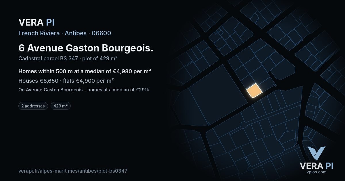 6 Avenue Gaston Bourgeois, Antibes at night – the plot lit, the parcels around coloured by the prices near them