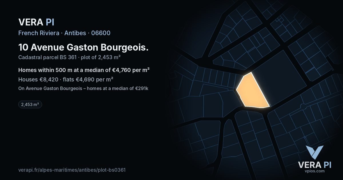 10 Avenue Gaston Bourgeois, Antibes at night – the plot lit, the parcels around coloured by the prices near them