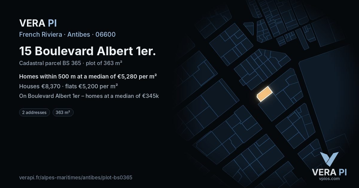 15 Boulevard Albert 1er, Antibes at night – the plot lit, the parcels around coloured by the prices near them