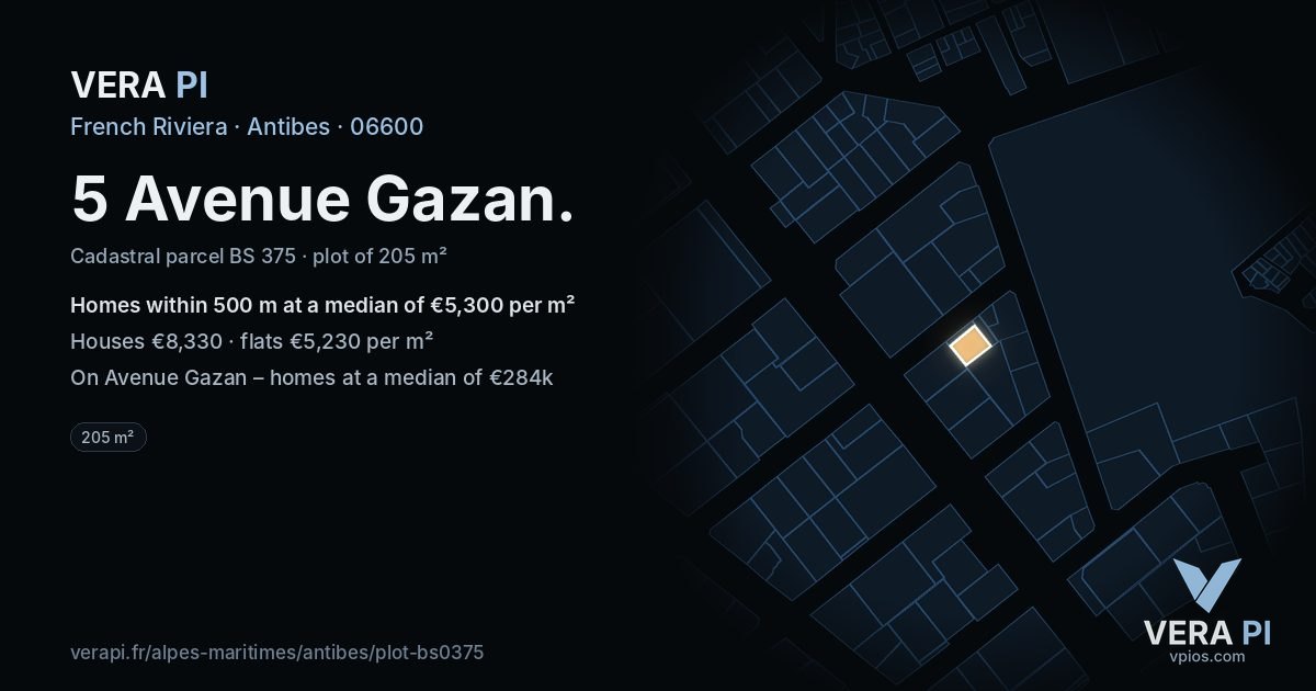 5 Avenue Gazan, Antibes at night – the plot lit, the parcels around coloured by the prices near them