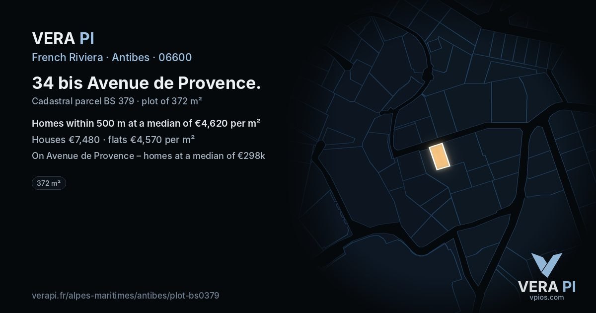34 bis Avenue de Provence, Antibes at night – the plot lit, the parcels around coloured by the prices near them