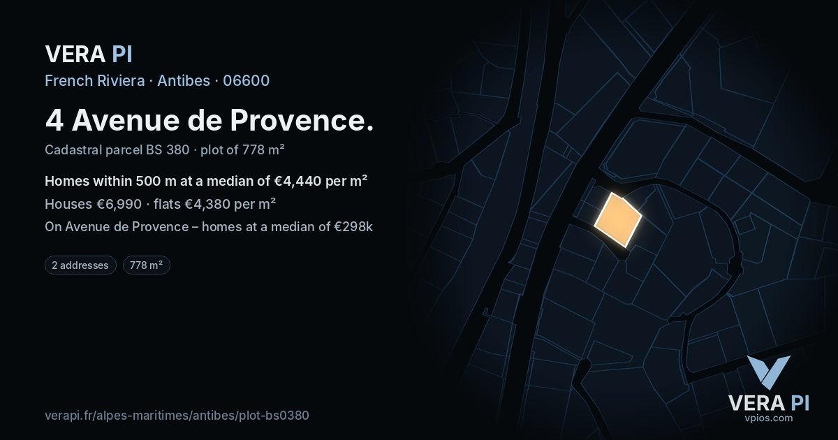 4 Avenue de Provence, Antibes at night – the plot lit, the parcels around coloured by the prices near them