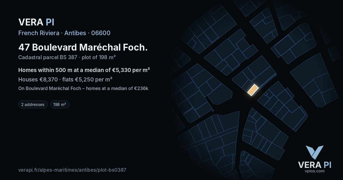 47 Boulevard Maréchal Foch, Antibes at night – the plot lit, the parcels around coloured by the prices near them