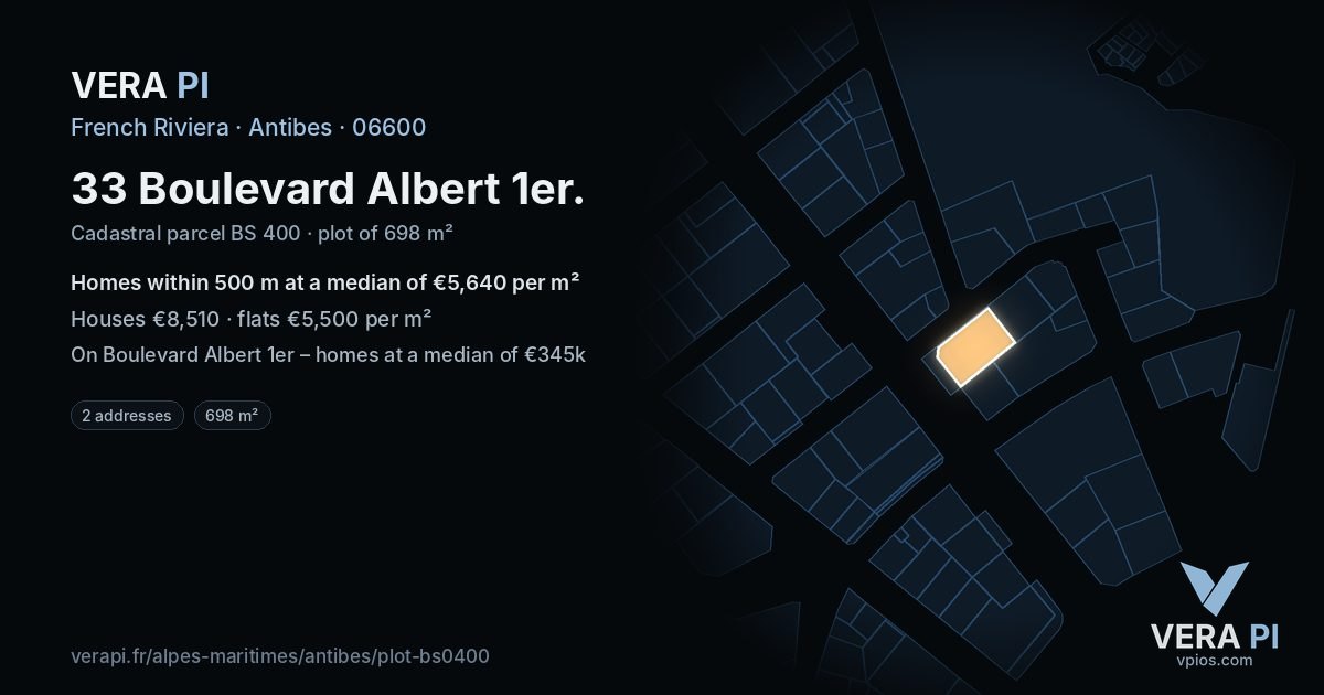 33 Boulevard Albert 1er, Antibes at night – the plot lit, the parcels around coloured by the prices near them