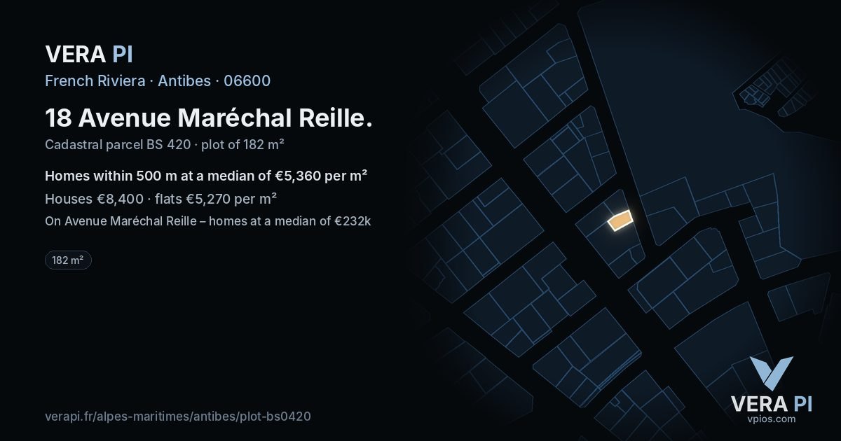 18 Avenue Maréchal Reille, Antibes at night – the plot lit, the parcels around coloured by the prices near them