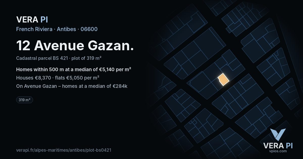 12 Avenue Gazan, Antibes at night – the plot lit, the parcels around coloured by the prices near them