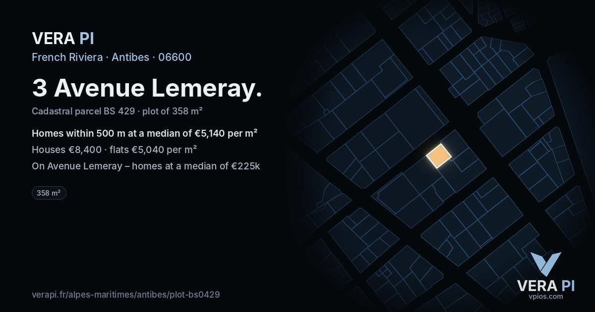 3 Avenue Lemeray, Antibes at night – the plot lit, the parcels around coloured by the prices near them