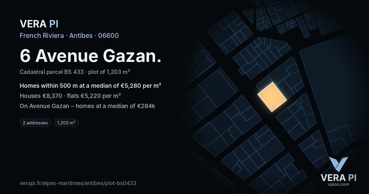 6 Avenue Gazan, Antibes at night – the plot lit, the parcels around coloured by the prices near them