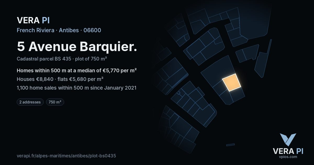 5 Avenue Barquier, Antibes at night – the plot lit, the parcels around coloured by the prices near them
