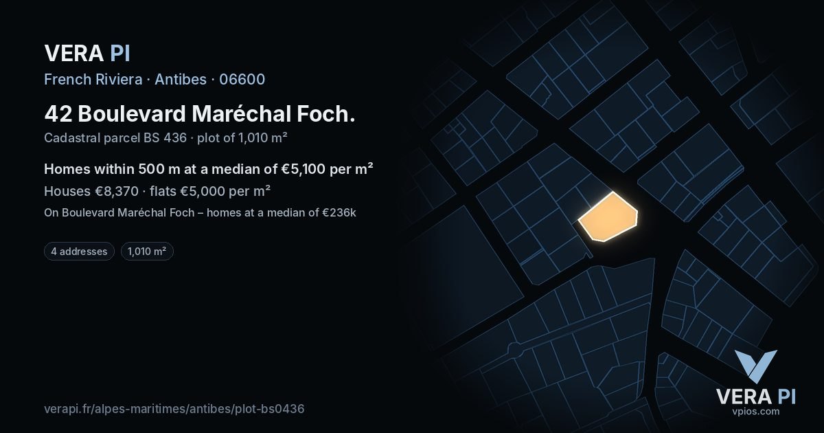 42 Boulevard Maréchal Foch, Antibes at night – the plot lit, the parcels around coloured by the prices near them