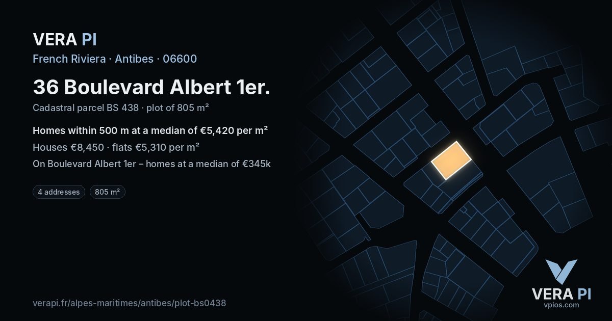 36 Boulevard Albert 1er, Antibes at night – the plot lit, the parcels around coloured by the prices near them