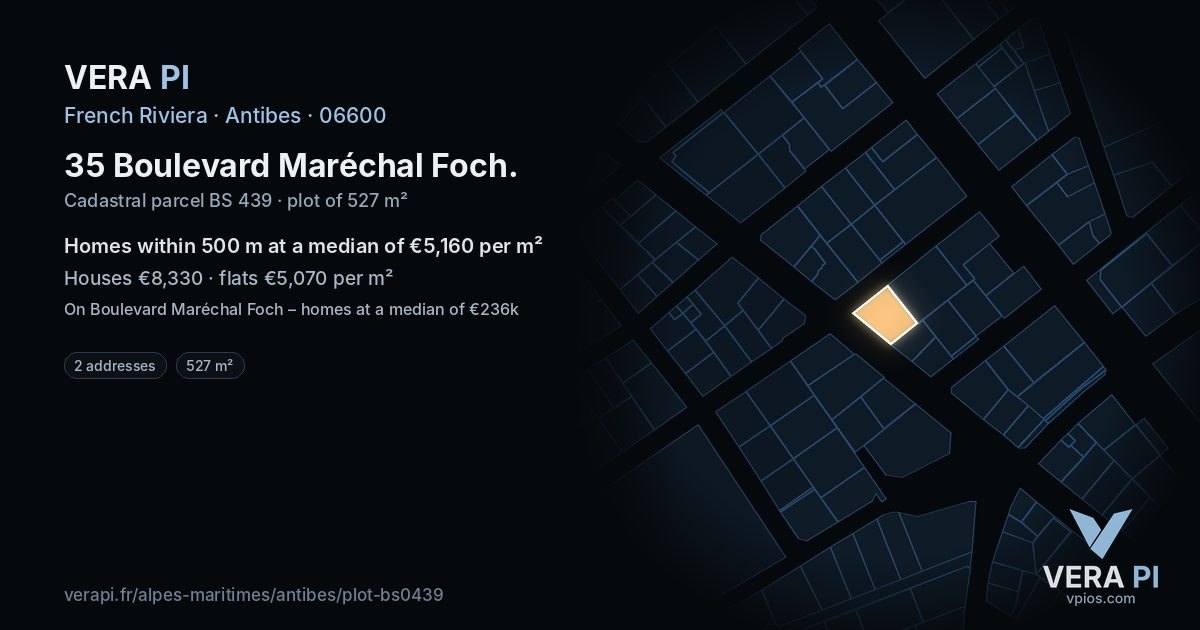 35 Boulevard Maréchal Foch, Antibes at night – the plot lit, the parcels around coloured by the prices near them