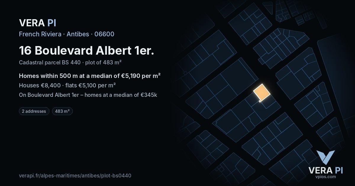 16 Boulevard Albert 1er, Antibes at night – the plot lit, the parcels around coloured by the prices near them