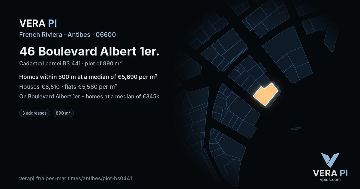 46 Boulevard Albert 1er, Antibes at night – the plot lit, the parcels around coloured by the prices near them