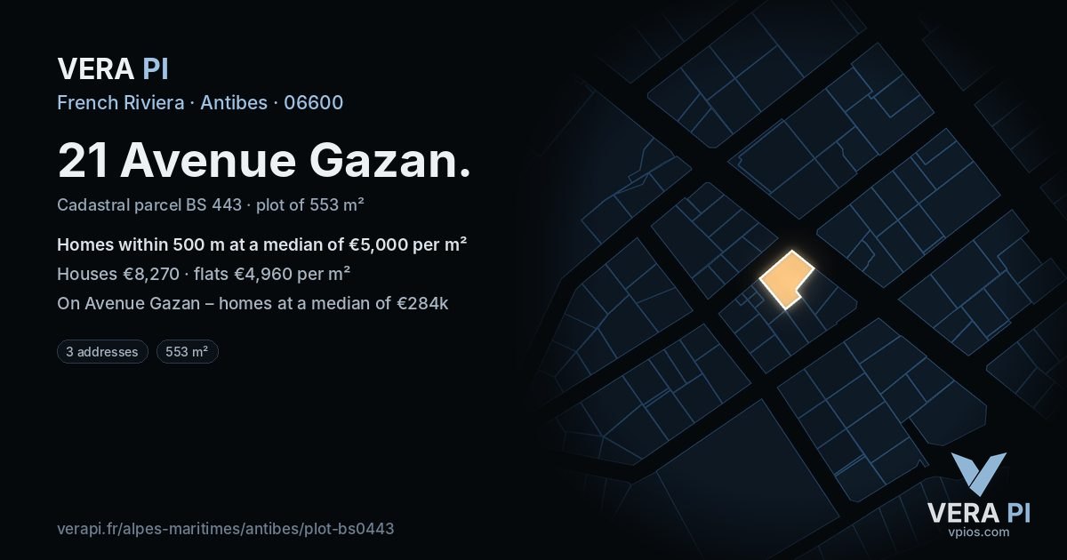 21 Avenue Gazan, Antibes at night – the plot lit, the parcels around coloured by the prices near them