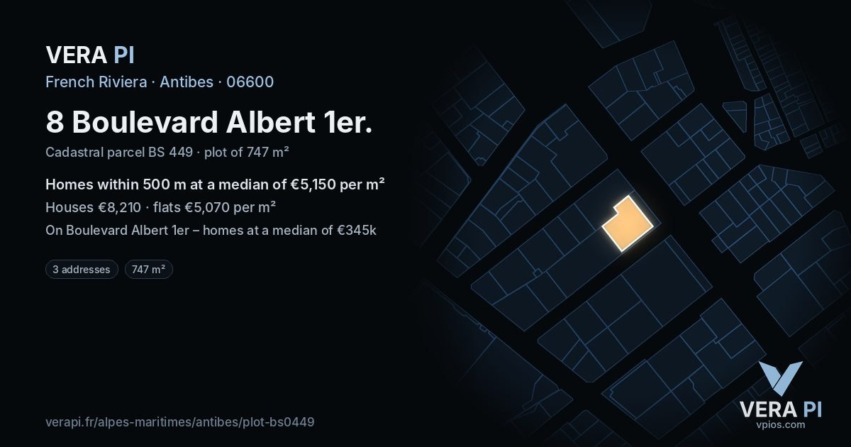 8 Boulevard Albert 1er, Antibes at night – the plot lit, the parcels around coloured by the prices near them
