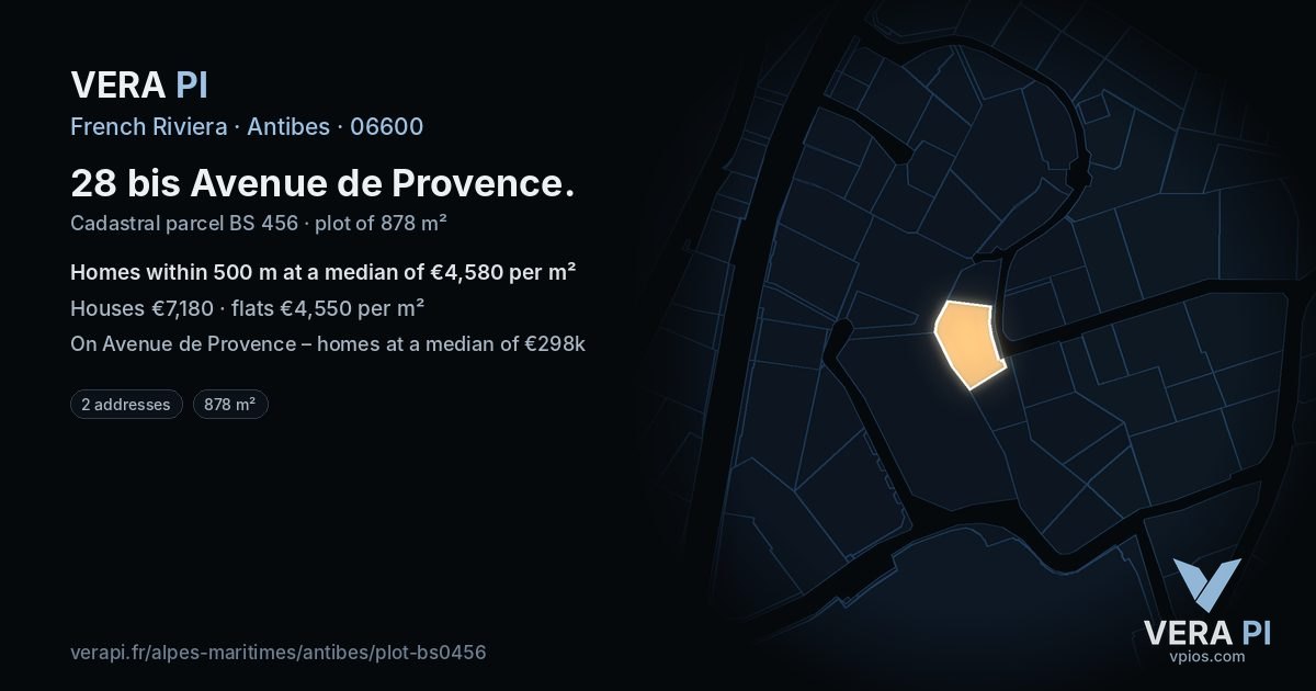 28 bis Avenue de Provence, Antibes at night – the plot lit, the parcels around coloured by the prices near them