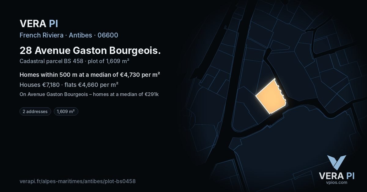 28 Avenue Gaston Bourgeois, Antibes at night – the plot lit, the parcels around coloured by the prices near them