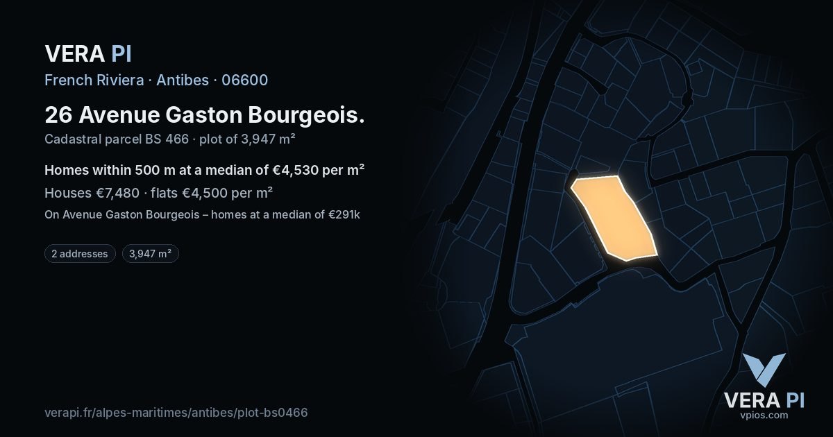 26 Avenue Gaston Bourgeois, Antibes at night – the plot lit, the parcels around coloured by the prices near them