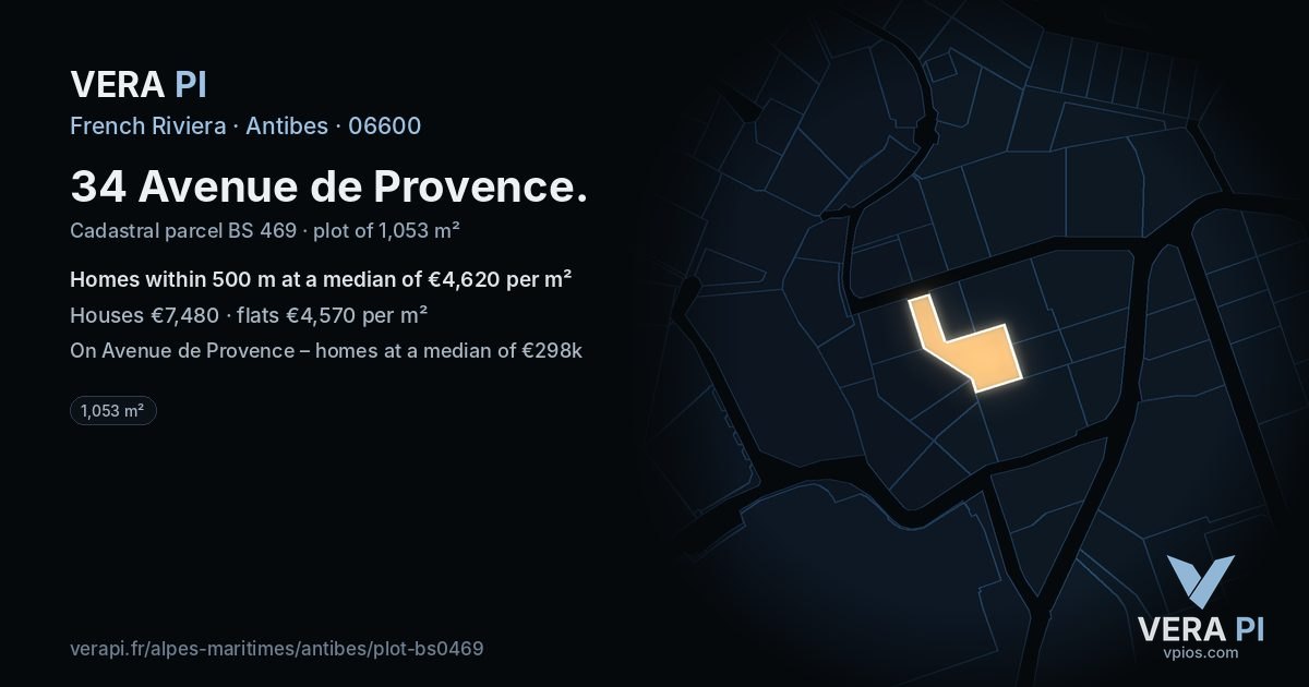 34 Avenue de Provence, Antibes at night – the plot lit, the parcels around coloured by the prices near them
