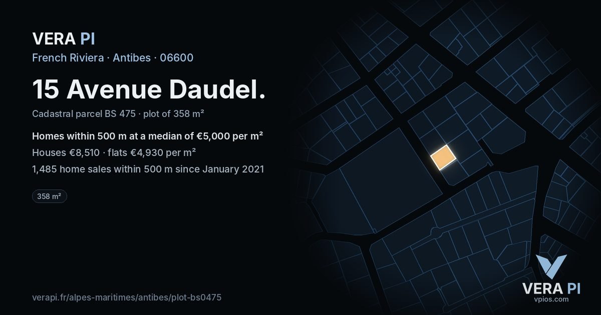 15 Avenue Daudel, Antibes at night – the plot lit, the parcels around coloured by the prices near them