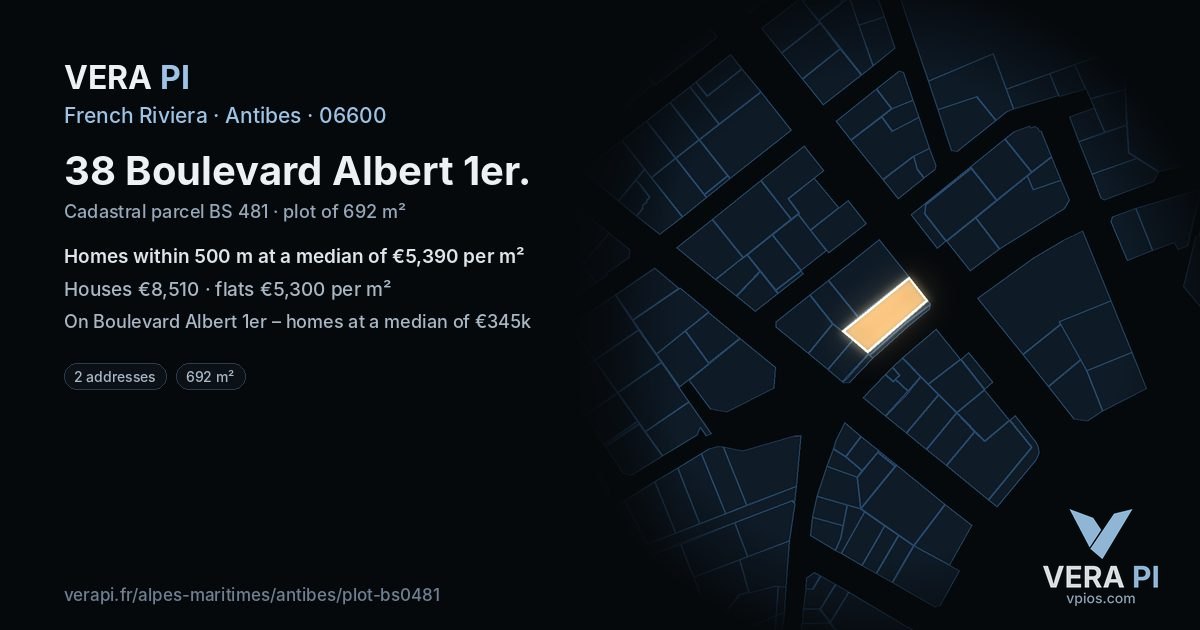38 Boulevard Albert 1er, Antibes at night – the plot lit, the parcels around coloured by the prices near them