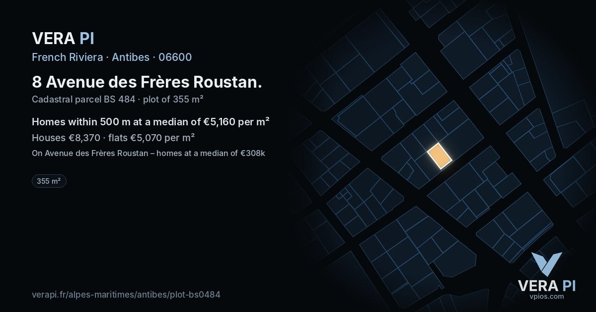 8 Avenue des Frères Roustan, Antibes at night – the plot lit, the parcels around coloured by the prices near them