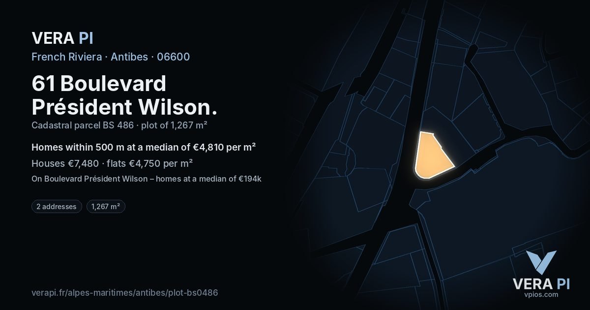 61 Boulevard Président Wilson, Antibes at night – the plot lit, the parcels around coloured by the prices near them