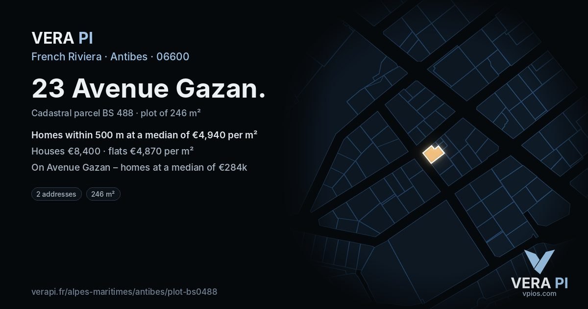 23 Avenue Gazan, Antibes at night – the plot lit, the parcels around coloured by the prices near them