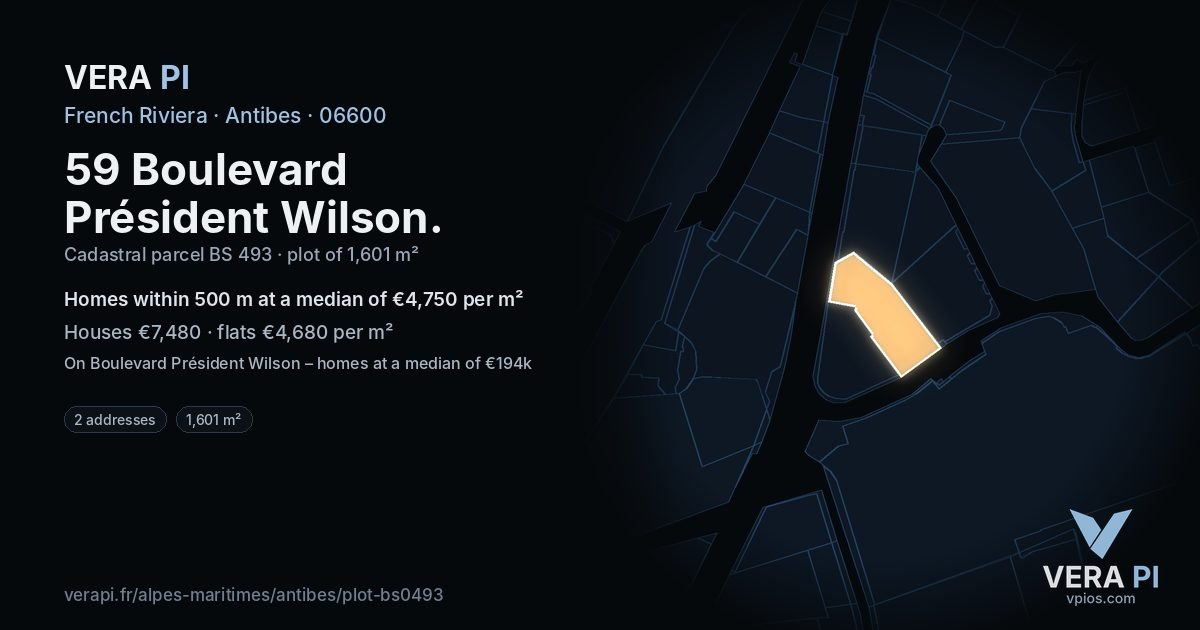 59 Boulevard Président Wilson, Antibes at night – the plot lit, the parcels around coloured by the prices near them