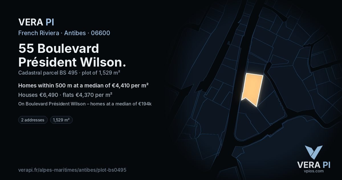 55 Boulevard Président Wilson, Antibes at night – the plot lit, the parcels around coloured by the prices near them