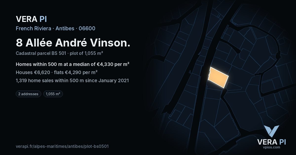 8 Allée André Vinson, Antibes at night – the plot lit, the parcels around coloured by the prices near them