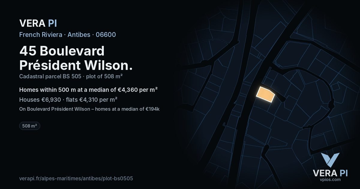45 Boulevard Président Wilson, Antibes at night – the plot lit, the parcels around coloured by the prices near them