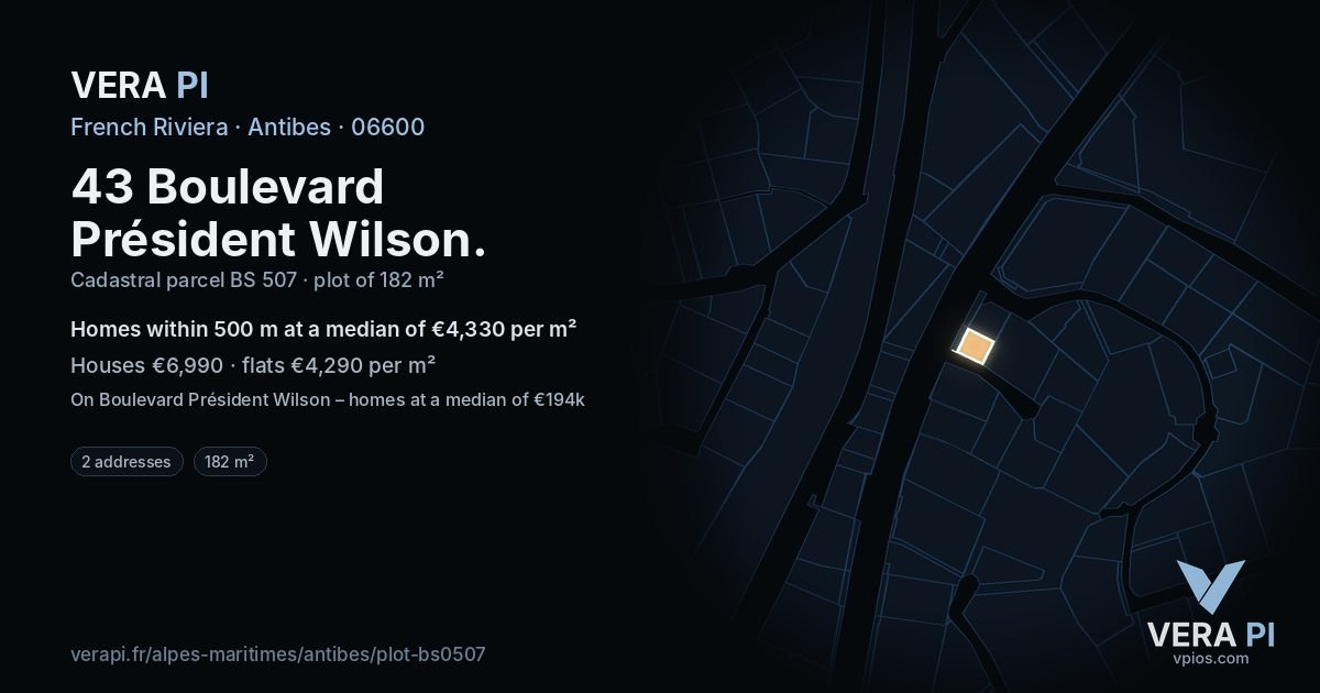 43 Boulevard Président Wilson, Antibes at night – the plot lit, the parcels around coloured by the prices near them