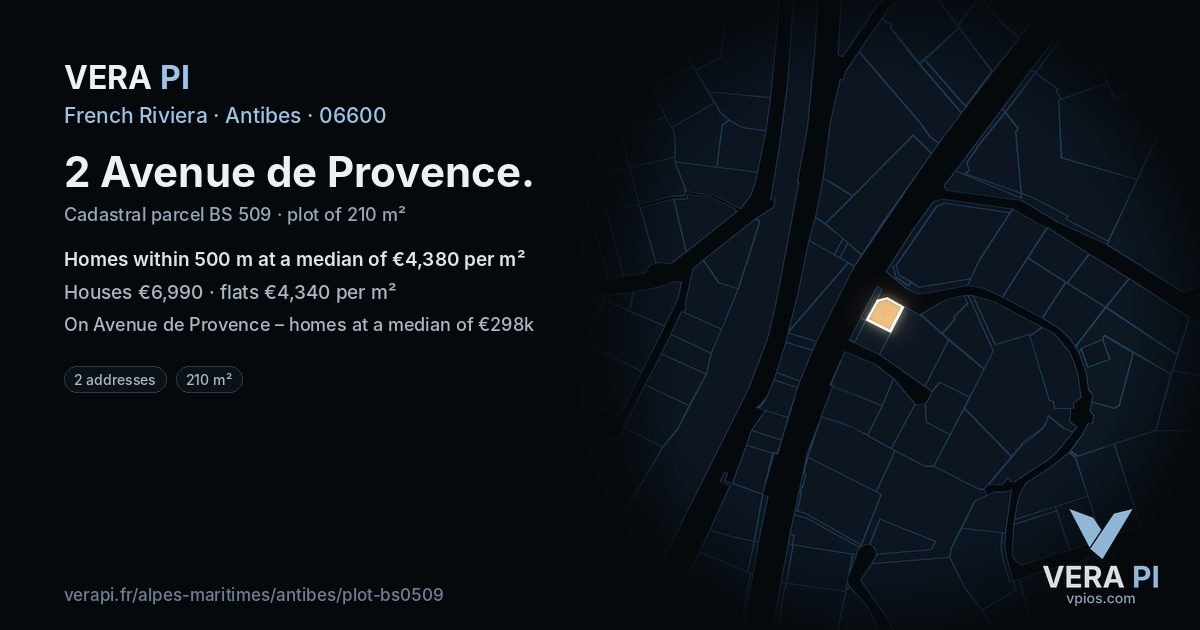 2 Avenue de Provence, Antibes at night – the plot lit, the parcels around coloured by the prices near them