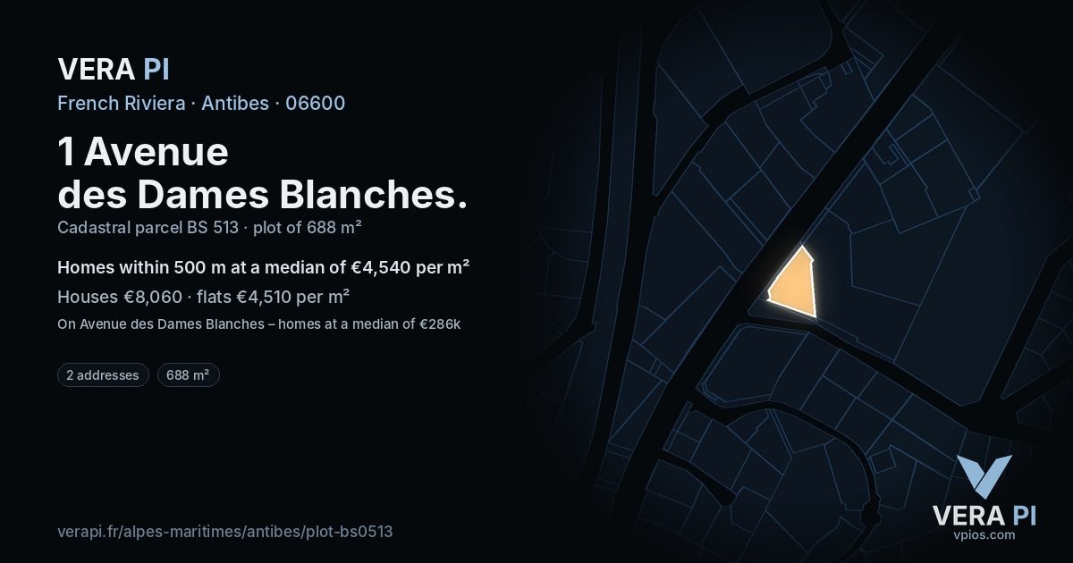 1 Avenue des Dames Blanches, Antibes at night – the plot lit, the parcels around coloured by the prices near them